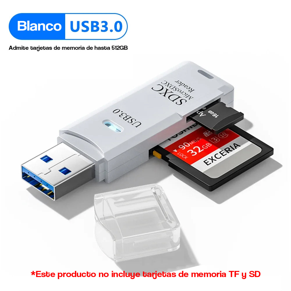 Lector de tarjetas 2 en 1, USB 3,0, Micro SD, TF Blanco