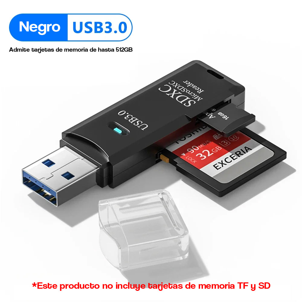Lector de tarjetas 2 en 1, USB 3,0, Micro SD, TF Negro