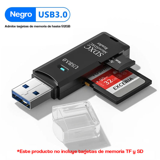 Lector de tarjetas 2 en 1, USB 3,0, Micro SD, TF Negro